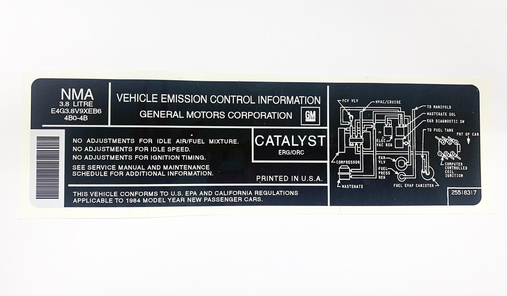 1984 Turbo Buick 3.8L Engine Emissions Decal 25518317