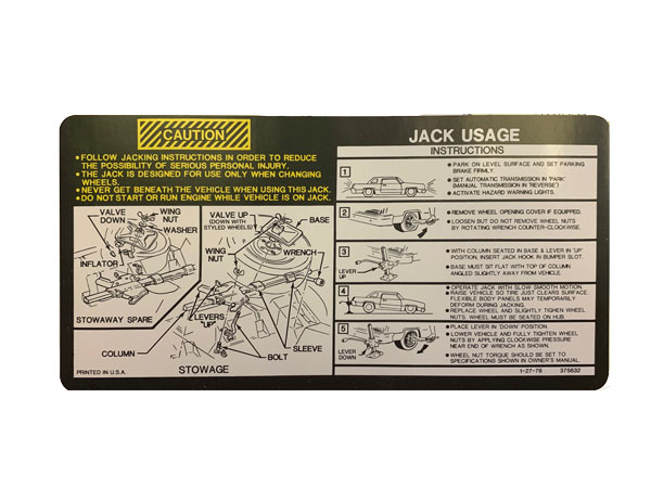 1977-78 Jack Instruction Sticker Decal-All GM A/B/C Body