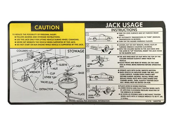 79-80 El Camino Trunk Jack Instructions Decal Sticker