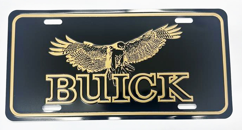 Buick Hawk Stamped license plate, black with Gold Embossing