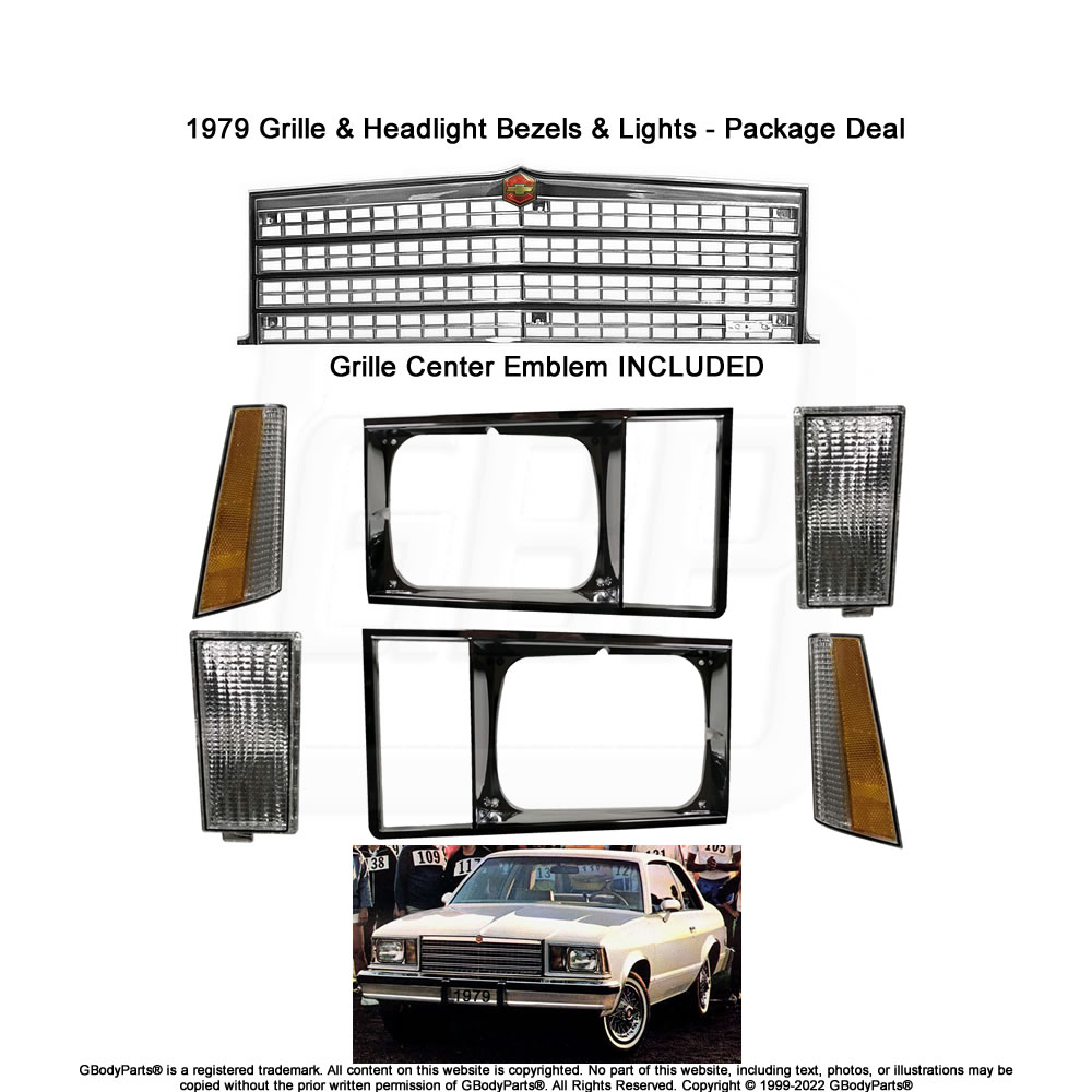 1979 Malibu El Camino Grille, Emblem, Headlight Bezel, Side Marker and Turn Signal Lamp Light Set