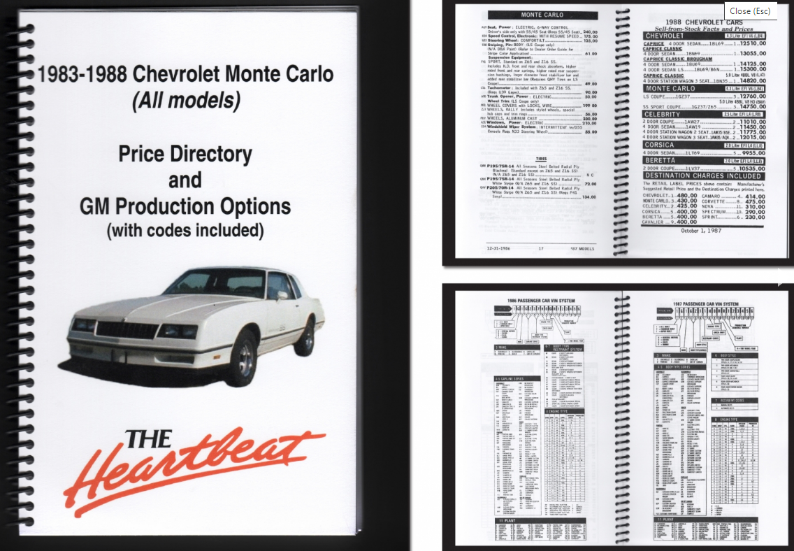 1983-1988 Chevrolet Monte Carlo (All Models) Price Directory and GM Production Options Booklet