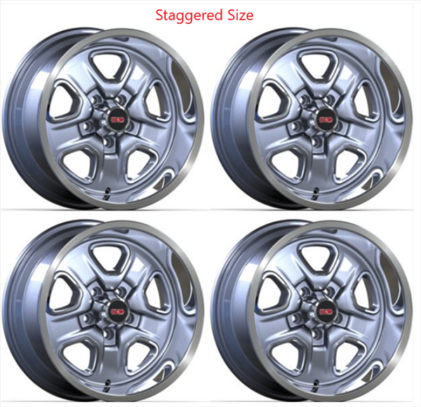 Staggered Sized Year One Chrome Cast Aluminum Super Stock II Wheel Kit with 7/16-20 lug nuts and center caps. Includes: 2 - 17x8" wheels with 4.5" backspacing. 2 - 17x9" wheels with 5" backspacing.