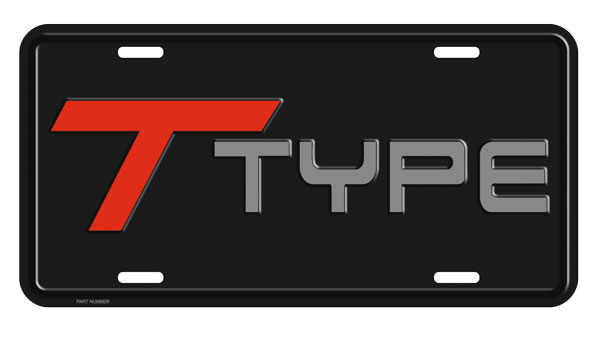 T Type Stamped license plate, black with silver and red lettering