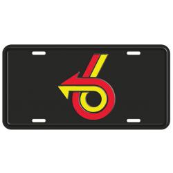 Power 6 Stamped Aluminum License Plate black with red and yellow print