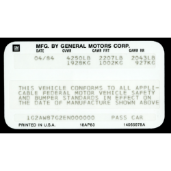 GM Licensed Door Jamb VIN Data Decal Sticker